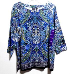 Rafaella Women's Green, Blue, & White Paisley Design 3/4 Sleeve Top – Size: XXL